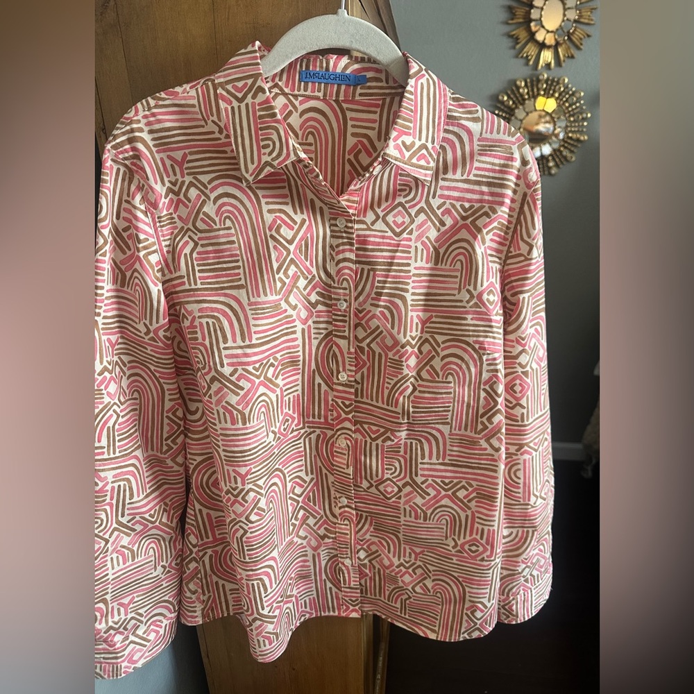 J. McLaughlin Pink and Brown Geometric Button-Up Shirt L Worn once